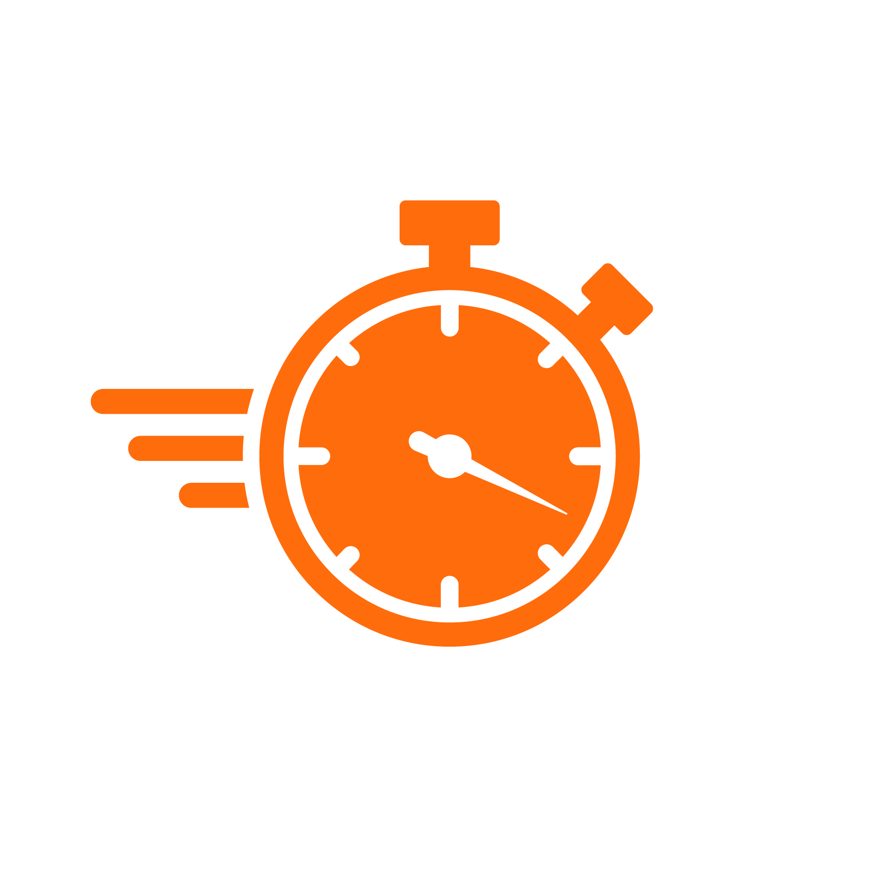 Orange stopwatch icon with lines suggesting motion right